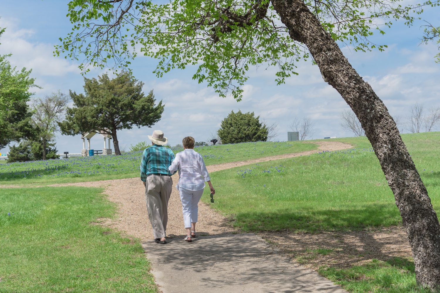 Rear view of happy Caucasian senior couple walking on pathway in the Bluebonnet park in Ennis, Texas, USA. Lady right hand hold sunglasses. Free, clear, healthy and happy retirement concept | Clarity Hearing